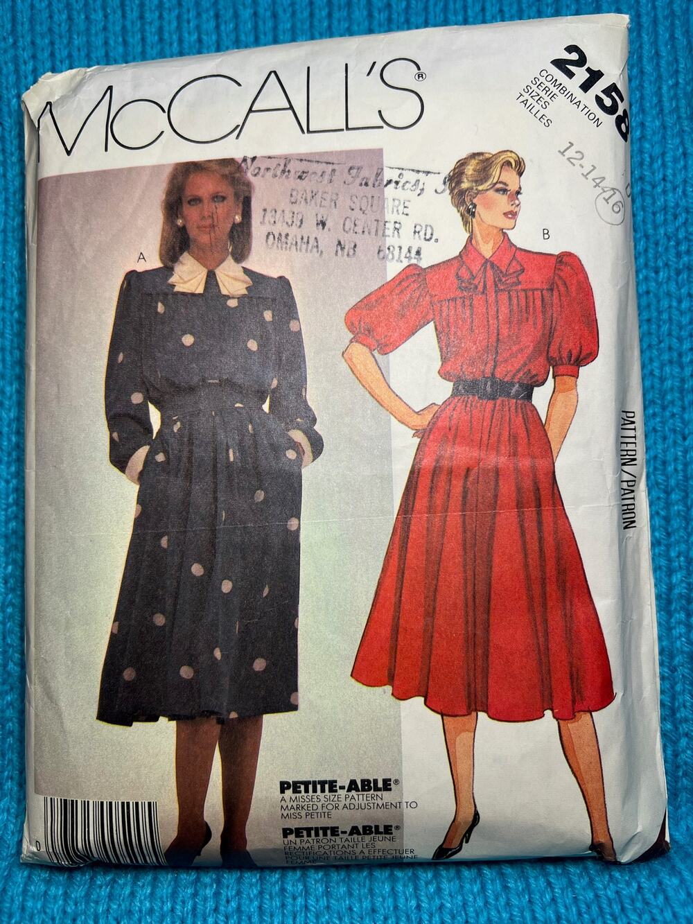 McCalls Sewing pattern 2158 shirt dress puff sleeves 1980s size 12 14 16